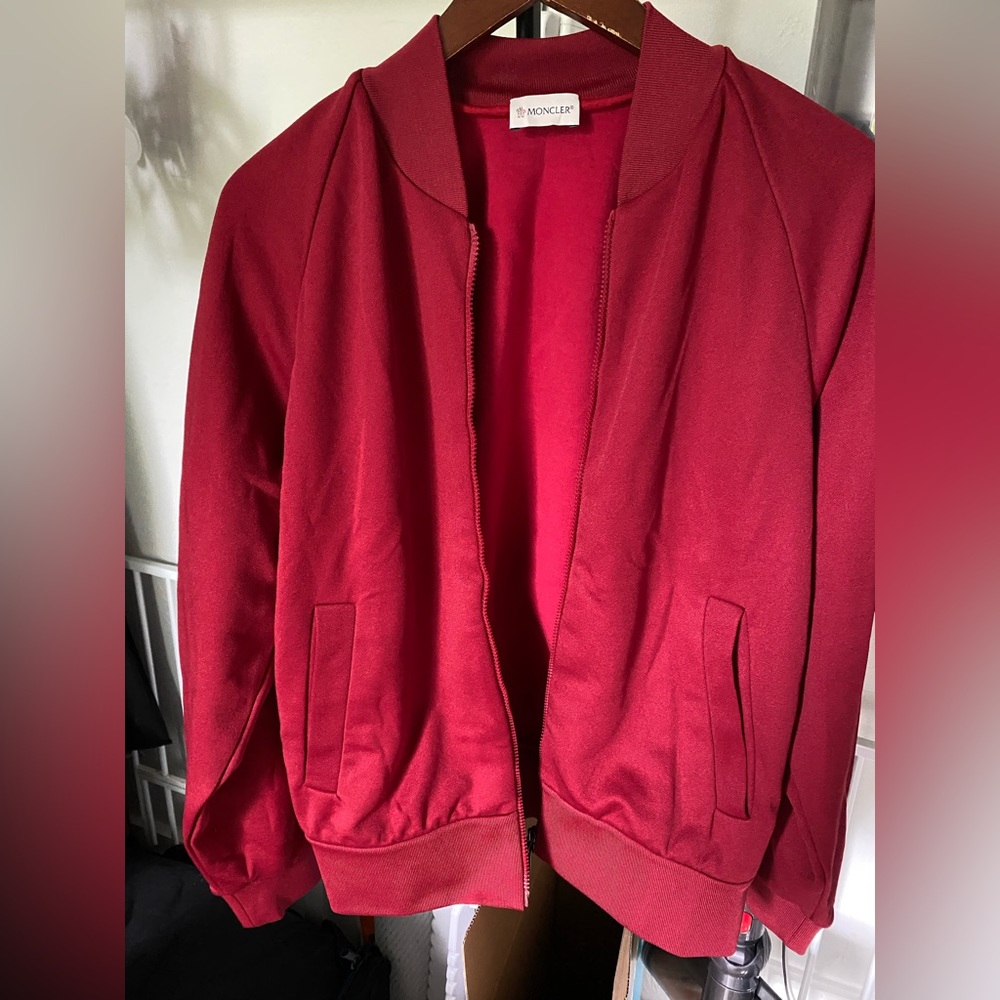 Moncler Red Cardigan with White and Pink Striped Trim - Picture 5 of 8